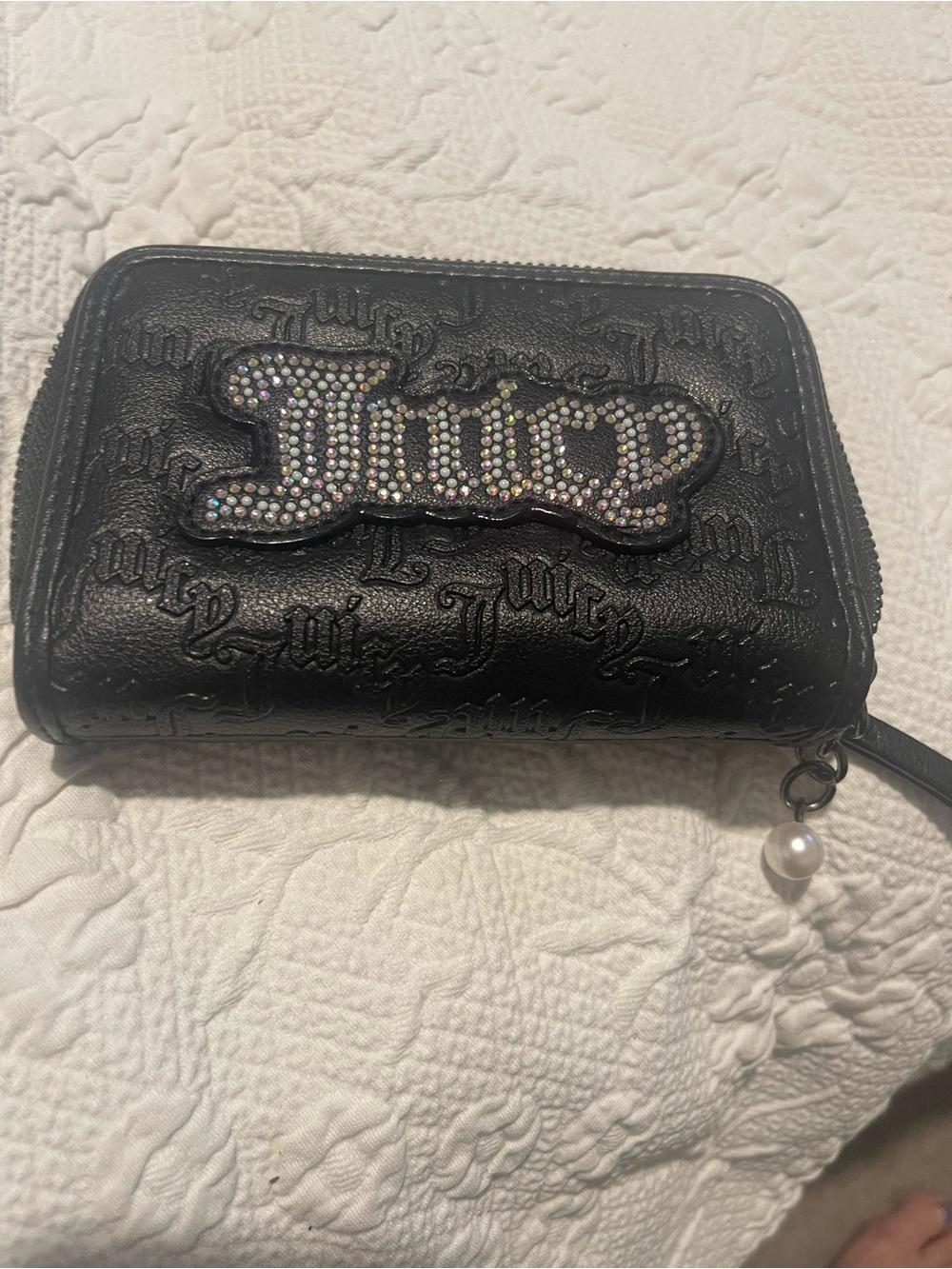 Juicy Couture Black Embossed Zip Wallet with Rhinestone Logo 5.5x4